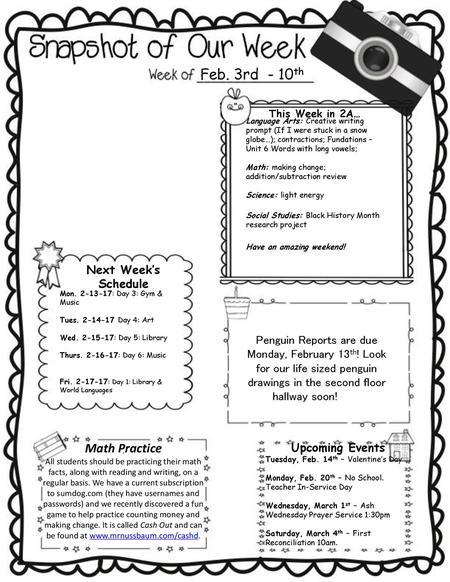 Feb. 3rd - 10th Math Practice Next Week’s Schedule