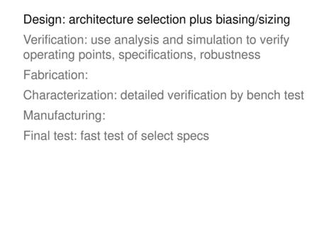 Design: architecture selection plus biasing/sizing