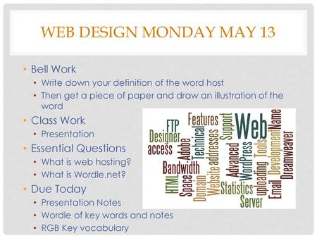 Web Design Monday May 13 Bell Work Class Work Essential Questions