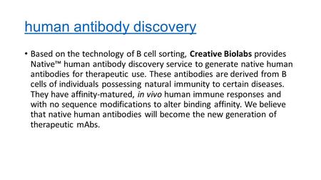 Human antibody discovery Based on the technology of B cell sorting, Creative Biolabs provides Native™ human antibody discovery service to generate native.