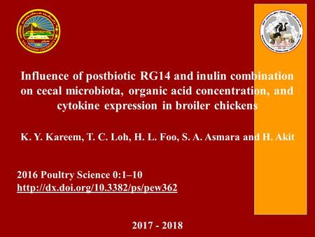 Influence of postbiotic RG14 and inulin combination on cecal microbiota, organic acid concentration, and cytokine expression in broiler chickens K. Y.