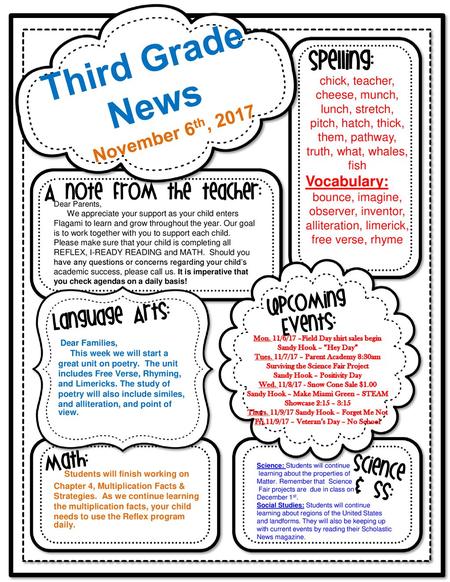 Third Grade News November 6th, 2017 Vocabulary: