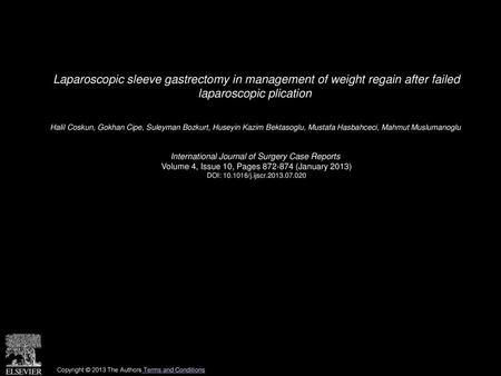 Laparoscopic sleeve gastrectomy in management of weight regain after failed laparoscopic plication  Halil Coskun, Gokhan Cipe, Suleyman Bozkurt, Huseyin.