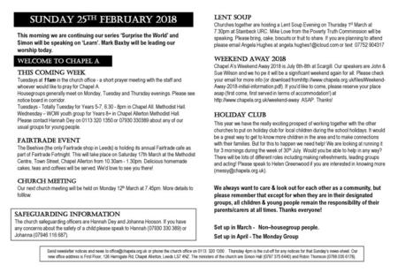 SUNDAY 25th February 2018 Lent Soup