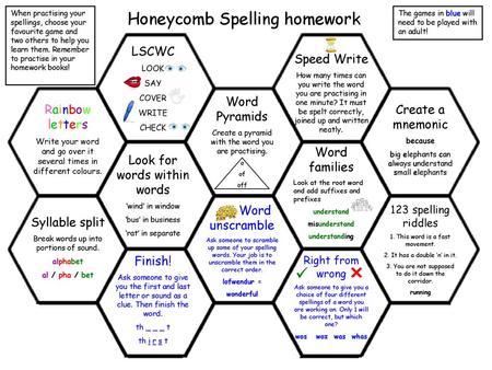 Honeycomb Spelling homework