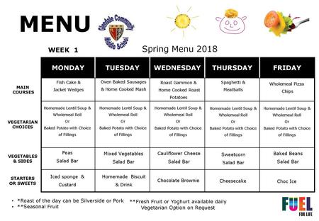 Spring Menu 2018 WEEK 1 Peas Salad Bar Mixed Vegetables Salad Bar