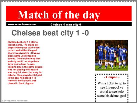 Match of the day Chelsea beat city Coupon -