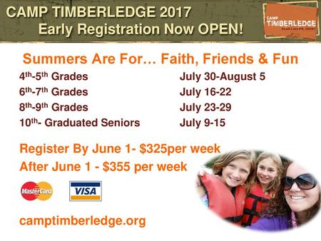 CAMP TIMBERLEDGE 2017 Early Registration Now OPEN!