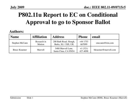 P802.11u Report to EC on Conditional Approval to go to Sponsor Ballot