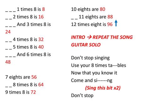 _ _ _ 1 times 8 is 8 _ _ 2 times 8 is 16 _ _ _ And 3 times 8 is 24 _ _ 4 times 8 is 32 _ _ 5 times 8 is 40 _ _ _ And 6 times 8 is 48 7 eights are 56 _.