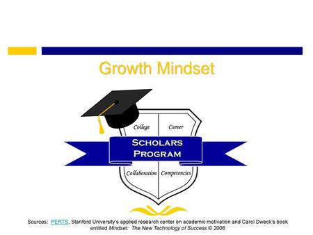 Growth Mindset Sources: PERTS, Stanford University’s applied research center on academic motivation and Carol Dweck’s book entitled Mindset: The New.