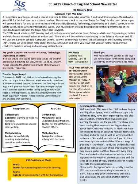 St Luke’s Church of England School Newsletter 08 January 2016