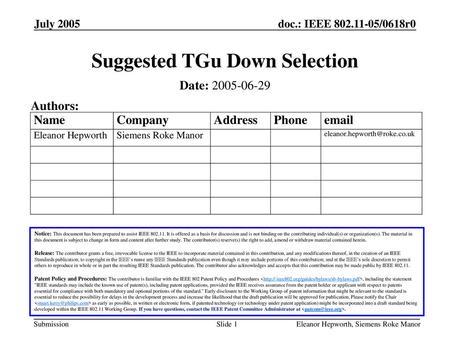 Suggested TGu Down Selection