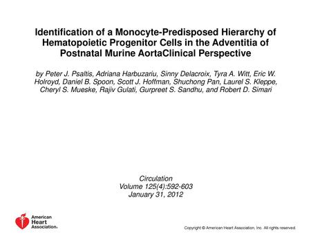 Identification of a Monocyte-Predisposed Hierarchy of Hematopoietic Progenitor Cells in the Adventitia of Postnatal Murine AortaClinical Perspective by.