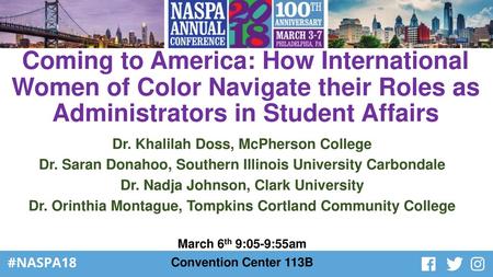 Coming to America: How International Women of Color Navigate their Roles as Administrators in Student Affairs Dr. Khalilah Doss, McPherson College Dr.