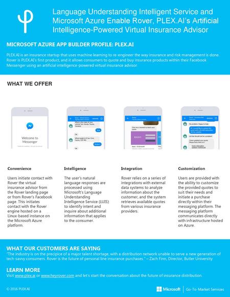 Language Understanding Intelligent Service and Microsoft Azure Enable Rover, PLEX.AI’s Artificial Intelligence-Powered Virtual Insurance Advisor MICROSOFT.