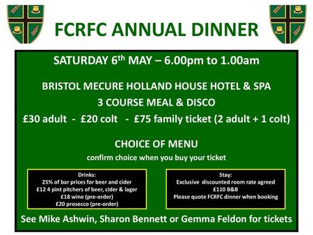 FCRFC ANNUAL DINNER SATURDAY 6th MAY – 6.00pm to 1.00am