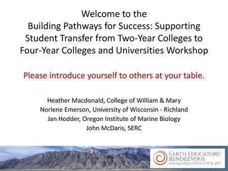 Welcome to the Building Pathways for Success: Supporting Student Transfer from Two-Year Colleges to Four-Year Colleges and Universities Workshop Please.