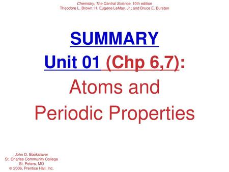 SUMMARY Unit 01 (Chp 6,7): Atoms and Periodic Properties