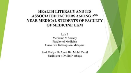 HEALTH LITERACY AND ITS ASSOCIATED FACTORS AMONG 2ND YEAR MEDICAL STUDENTS OF FACULTY OF MEDICINE UKM Lab 7 Medicine & Society Faculty of Medicine Universiti.