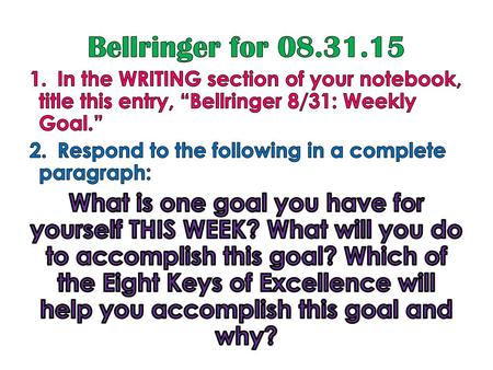 Bellringer for 08.31.15 In the WRITING section of your notebook, title this entry, “Bellringer 8/31: Weekly Goal.” Respond to the following in a complete.