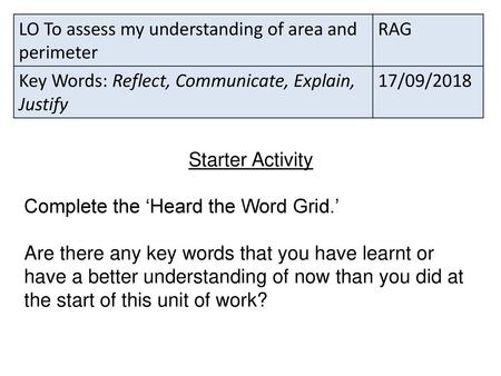 LO To assess my understanding of area and perimeter