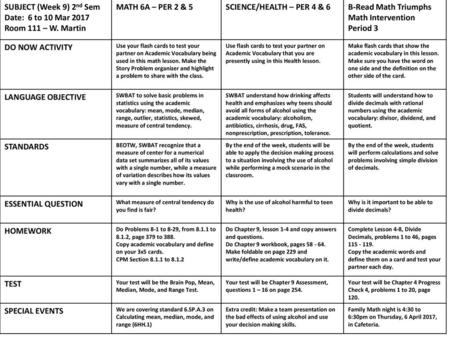 SUBJECT (Week 9) 2nd Sem Date: 6 to 10 Mar 2017 Room 111 – W. Martin