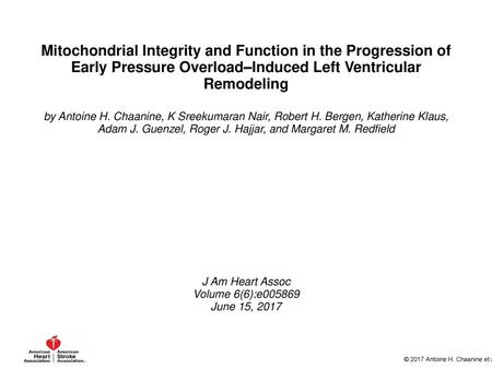 Mitochondrial Integrity and Function in the Progression of Early Pressure Overload–Induced Left Ventricular Remodeling by Antoine H. Chaanine, K Sreekumaran.