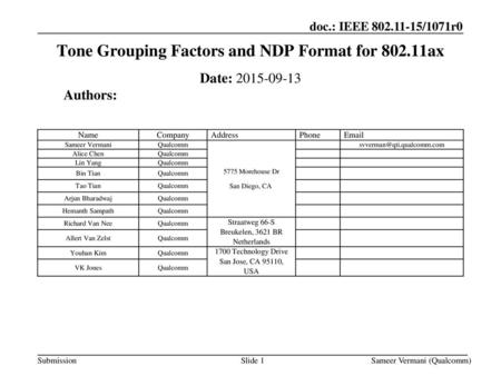 Tone Grouping Factors and NDP Format for ax