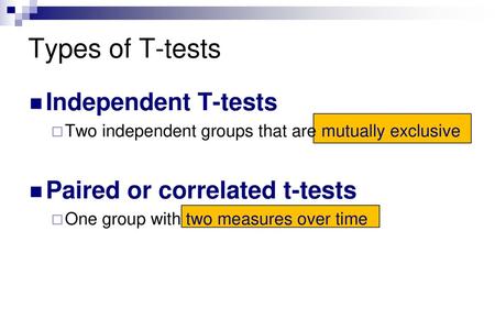 Types of T-tests Independent T-tests Paired or correlated t-tests