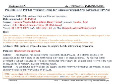  Project: IEEE P802.15 Working Group for Wireless Personal Area Networks (WPANs) Submission Title: [ULI protocol stack and flows of operations]