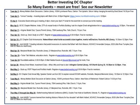 Better Investing DC Chapter So Many Events – most are free