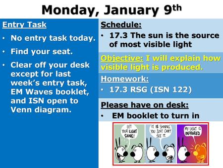 Monday, January 9th Entry Task No entry task today. Find your seat.