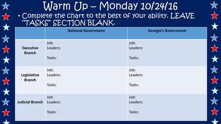 Warm Up – Monday 10/24/16 Complete the chart to the best of your ability. LEAVE “TASKS” SECTION BLANK. National Government Georgia’s Government Executive.