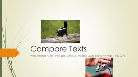 Compare Texts Wild Animals Aren’t Pets (pg. 223); Let People Own Exotic Animals (pg. 227)