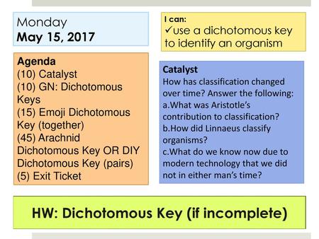 HW: Dichotomous Key (if incomplete)