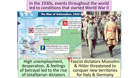 In the 1930s, events throughout the world led to conditions that started World War II High unemployment, desperation, & feelings of betrayal led to the.