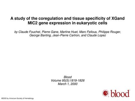 A study of the coregulation and tissue specificity of XGand MIC2 gene expression in eukaryotic cells by Claude Fouchet, Pierre Gane, Martine Huet, Marc.