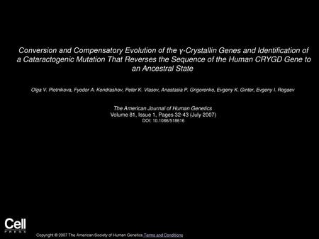 Conversion and Compensatory Evolution of the γ-Crystallin Genes and Identification of a Cataractogenic Mutation That Reverses the Sequence of the Human.