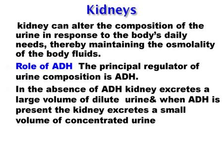 Kidneys kidney can alter the composition of the urine in response to the body’s daily needs, thereby maintaining the osmolality of the body fluids. Role.