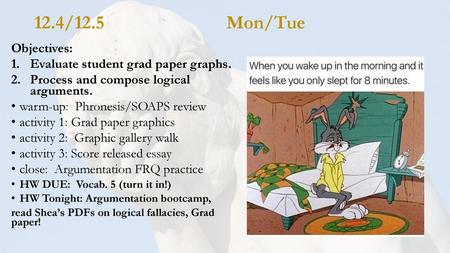 12.4/12.5 Mon/Tue Objectives: Evaluate student grad paper graphs.