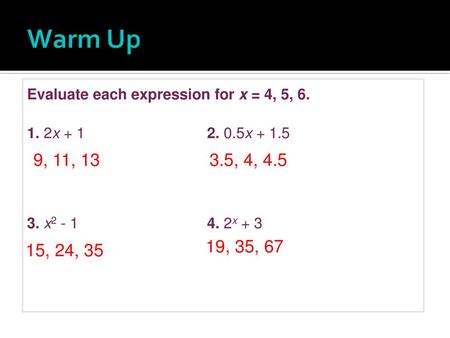 Warm Up Evaluate each expression for x = 4, 5, 6. 1. 2x x + 1.5