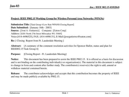 Submission Title: [Task Group 4 Low Rate WPANS Closing Report]