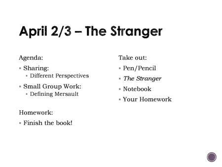 April 2/3 – The Stranger Agenda: Sharing: Small Group Work: Homework: