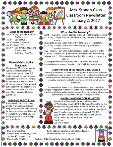 Mrs. Stone’s Class Classroom Newsletter January 2, 2017