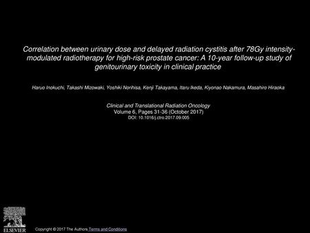 Correlation between urinary dose and delayed radiation cystitis after 78Gy intensity- modulated radiotherapy for high-risk prostate cancer: A 10-year follow-up.