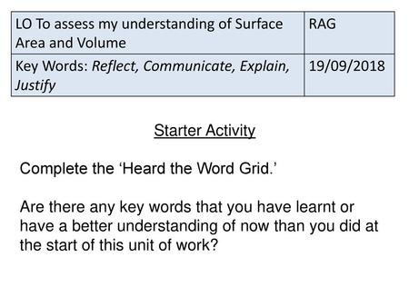 LO To assess my understanding of Surface Area and Volume