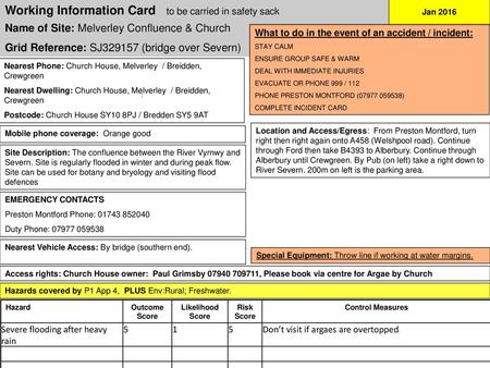 Working Information Card to be carried in safety sack