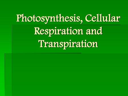 Photosynthesis, Cellular Respiration and Transpiration