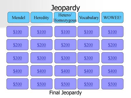 Jeopardy Final Jeopardy Mendel Heredity Hetero/ Homozygous Vocabulary